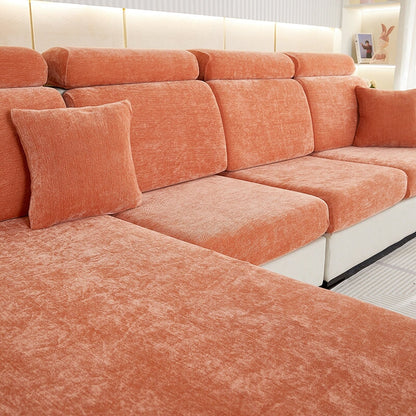 "Chenille sectional sofa cover in smoke color, fits snugly on sectional sofas to protect against wear, spills, and stains."
