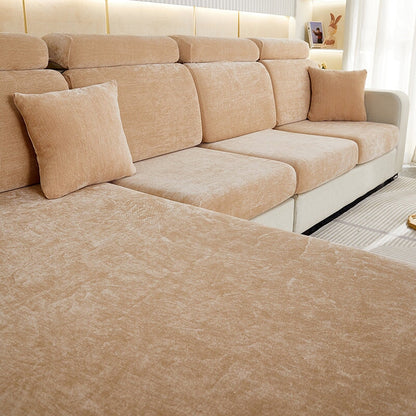 "Chenille sectional sofa cover in smoke color, fits snugly on sectional sofas to protect against wear, spills, and stains."