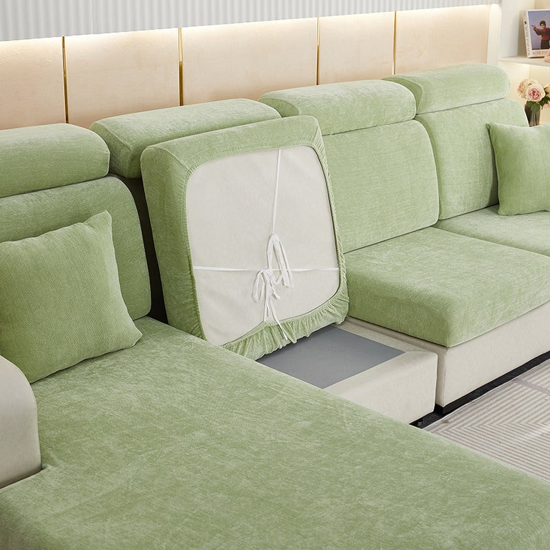 "Chenille sectional sofa cover in smoke color, fits snugly on sectional sofas to protect against wear, spills, and stains."
