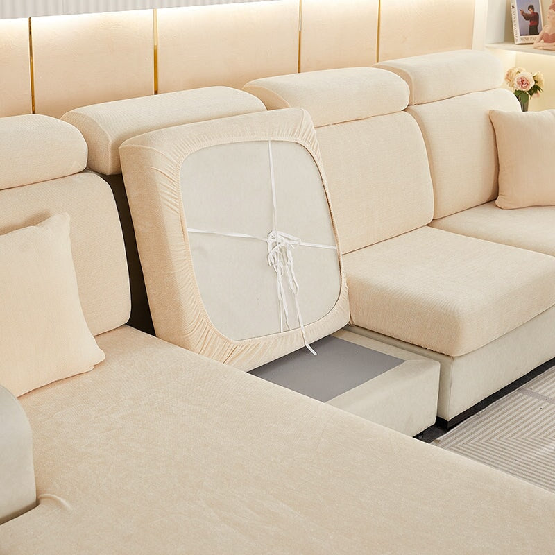 "Chenille sectional sofa cover in smoke color, fits snugly on sectional sofas to protect against wear, spills, and stains."