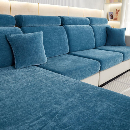"Chenille sectional sofa cover in smoke color, fits snugly on sectional sofas to protect against wear, spills, and stains."