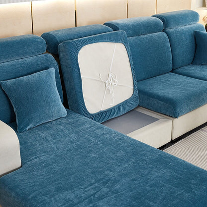 "Chenille sectional sofa cover in smoke color, fits snugly on sectional sofas to protect against wear, spills, and stains."