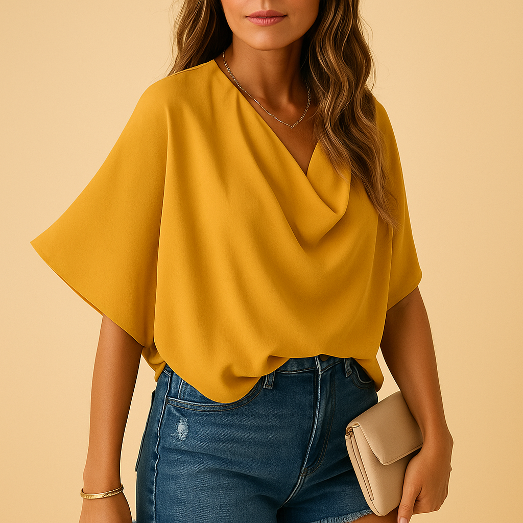 Chiffon blouse for women with batwing sleeves and V-neck, available in seven colour, ideal for summer days, workwear, and stylish casual looks.