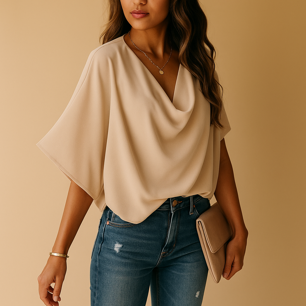 Chiffon blouse for women with batwing sleeves and V-neck, available in seven colour, ideal for summer days, workwear, and stylish casual looks.