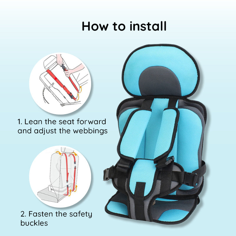 Child car cushion seat in red for ages 0-12, showcasing soft, compact design and secure restraints for safe, comfortable trav