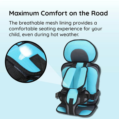 Child car cushion seat in red for ages 0-12, showcasing soft, compact design and secure restraints for safe, comfortable trav