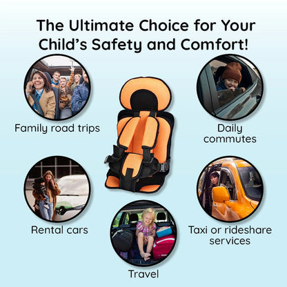 Child car cushion seat in red for ages 0-12, showcasing soft, compact design and secure restraints for safe, comfortable trav