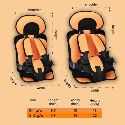 Child car cushion seat in red for ages 0-12, showcasing soft, compact design and secure restraints for safe, comfortable trav