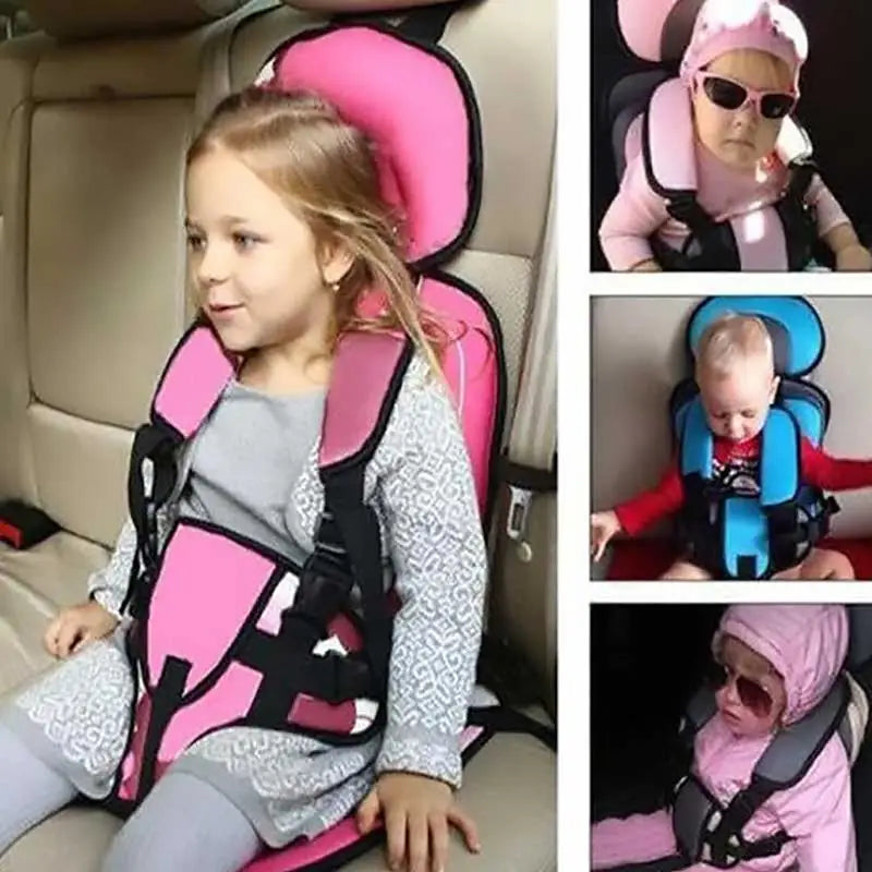Child car cushion seat in red for ages 0-12, showcasing soft, compact design and secure restraints for safe, comfortable trav