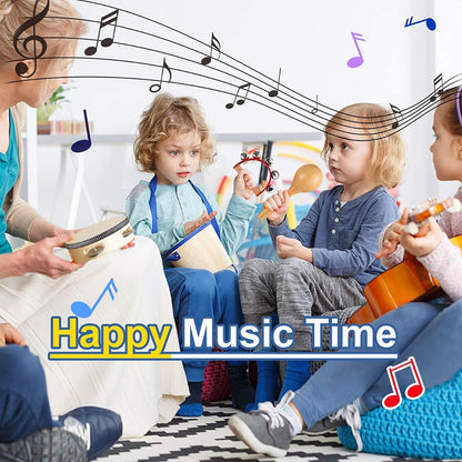 "Children's wooden music kit with hand drum, maracas, tambourine, fostering creativity and motor skills in young musicians."