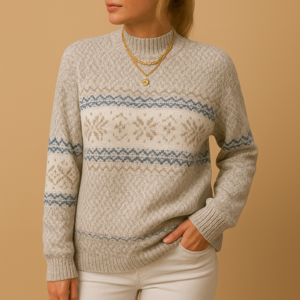 Women’s Christmas sweater with festive print, available in blue, apricot, grey, and pink – perfect for stylish winter celebrations.