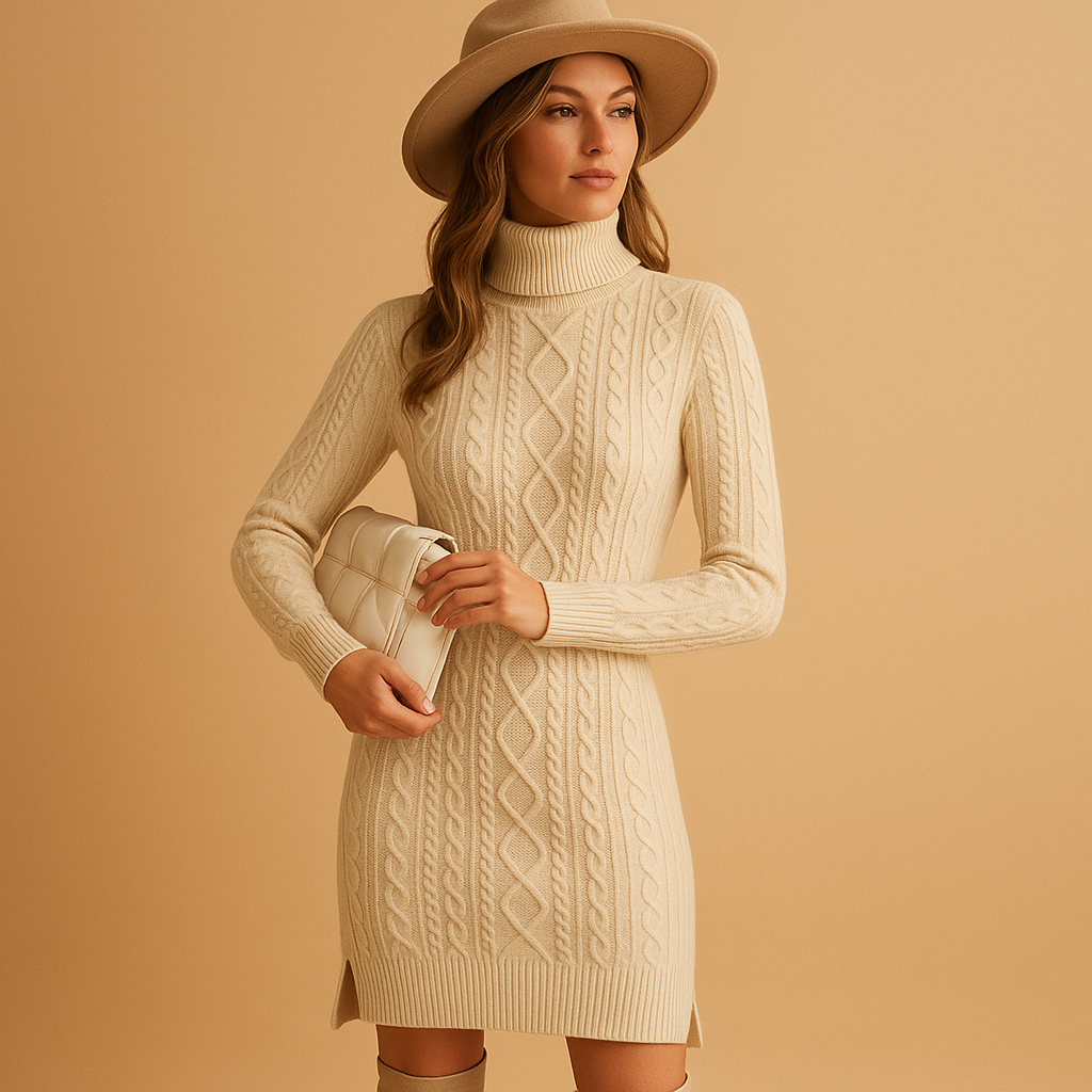 Chunky knit turtleneck sweater dress for women in beige, black, and red—warm, elegant, and perfect for winter fashion.