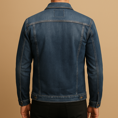 Men’s classic denim jacket in deep blue wash, perfect for casual looks and everyday wear.