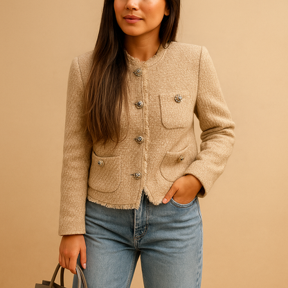 Classic tweed blazer jacket for women with button closure and smart collar, perfect for business and casual wear.
