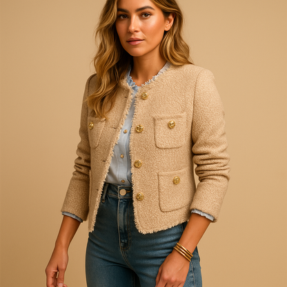 Classic tweed blazer jacket for women with button closure and smart collar, perfect for business and casual wear.