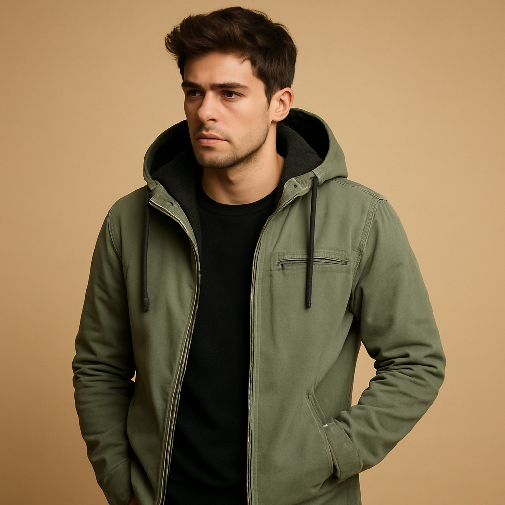 Men’s classic winter coat with hood and soft inner lining, perfect for staying warm and protected on cold winter days.