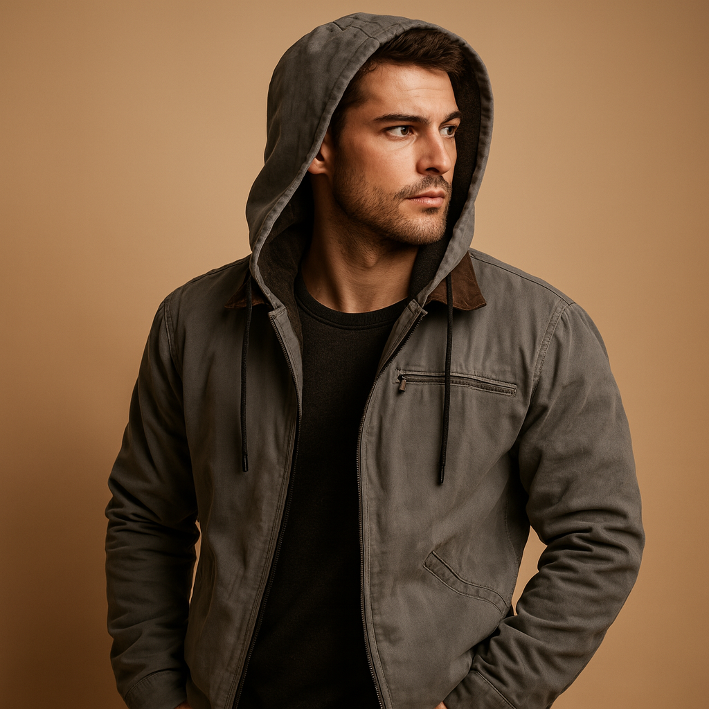Men’s classic winter coat with hood and soft inner lining, perfect for staying warm and protected on cold winter days.