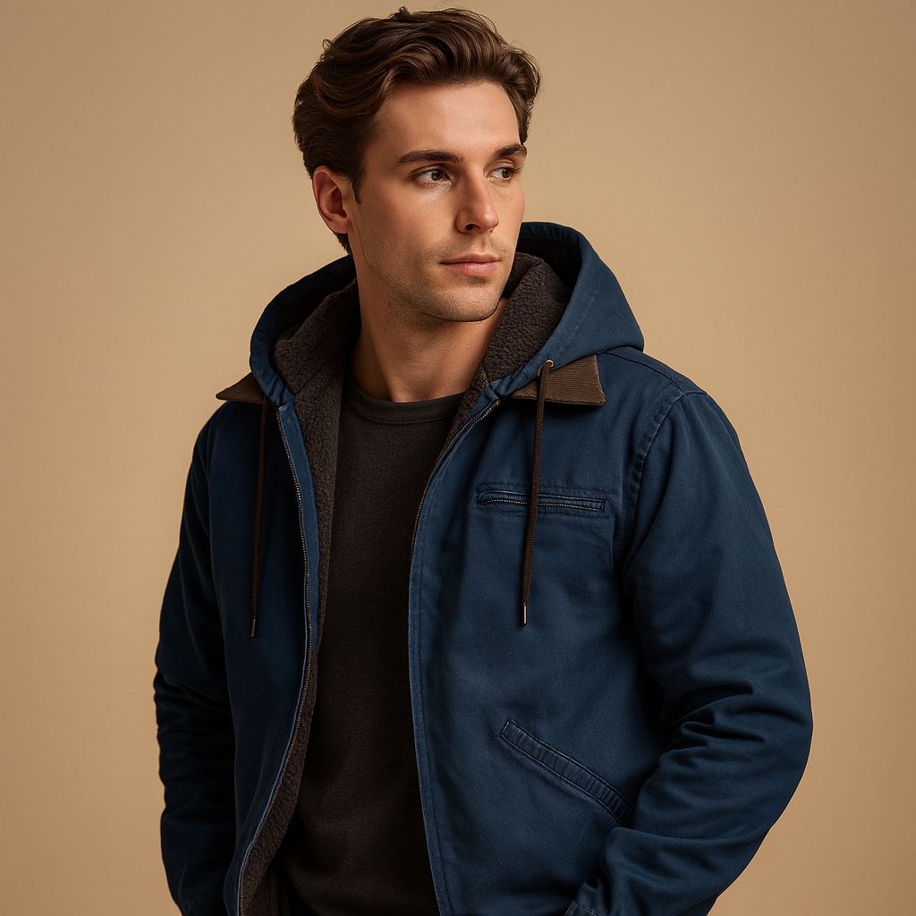 Men’s classic winter coat with hood and soft inner lining, perfect for staying warm and protected on cold winter days.