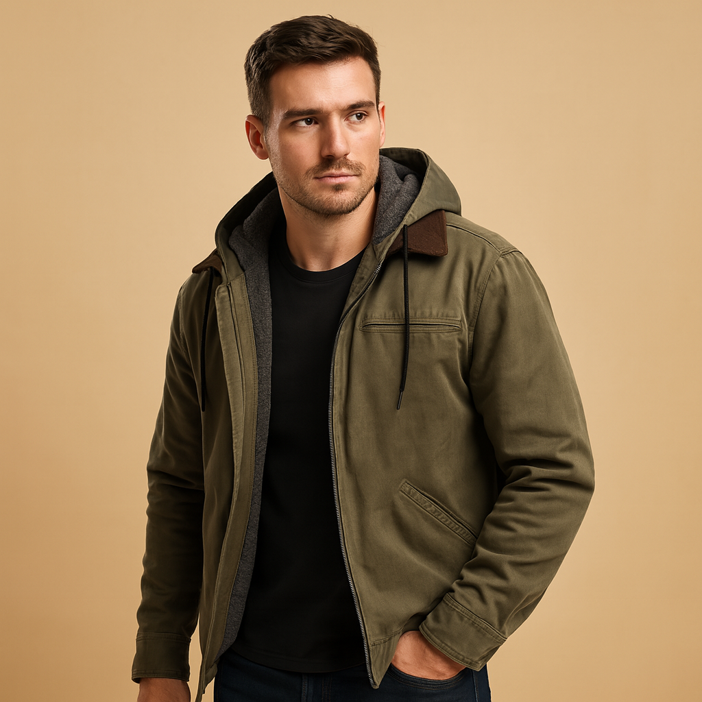 Men’s classic winter coat with hood and soft inner lining, perfect for staying warm and protected on cold winter days.