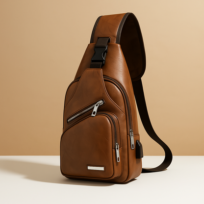 Men’s classy leather anti-theft crossbody bag with USB charging port, sleek design, and multiple compartments for travel and city use