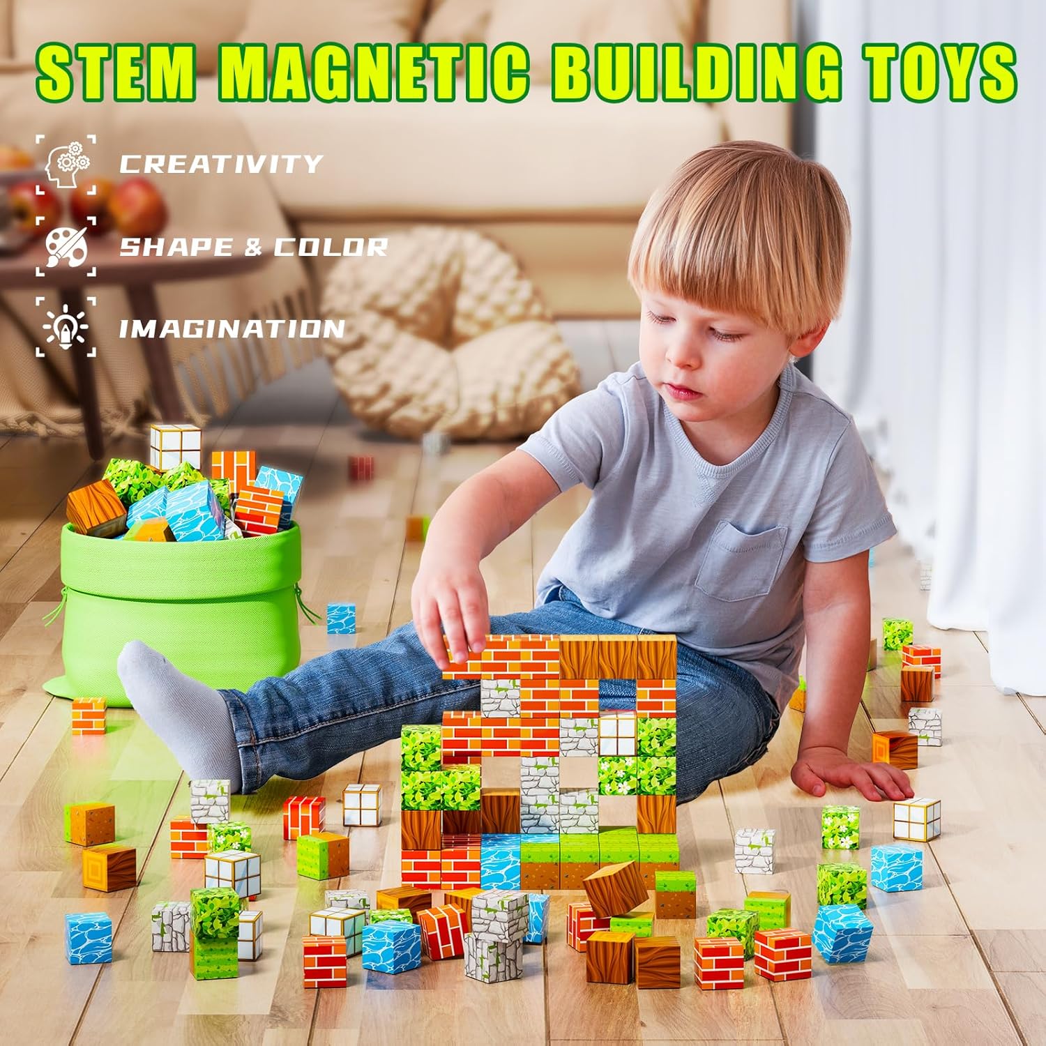 "Colorful 100-piece magnetic STEM building blocks set for kids, perfect for creative, educational play and construction."