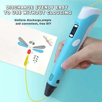 Colorful 3D drawing pen with an LCD screen for kids, featuring vibrant colors and adjustable settings for creative fun.