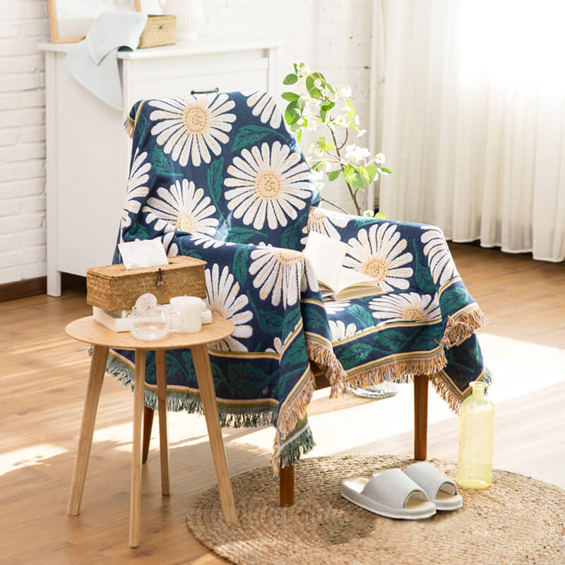"Colorful bohemian tassel knitted sofa throw, featuring bright patterns and ethnic tassel details for vibrant home decor."
