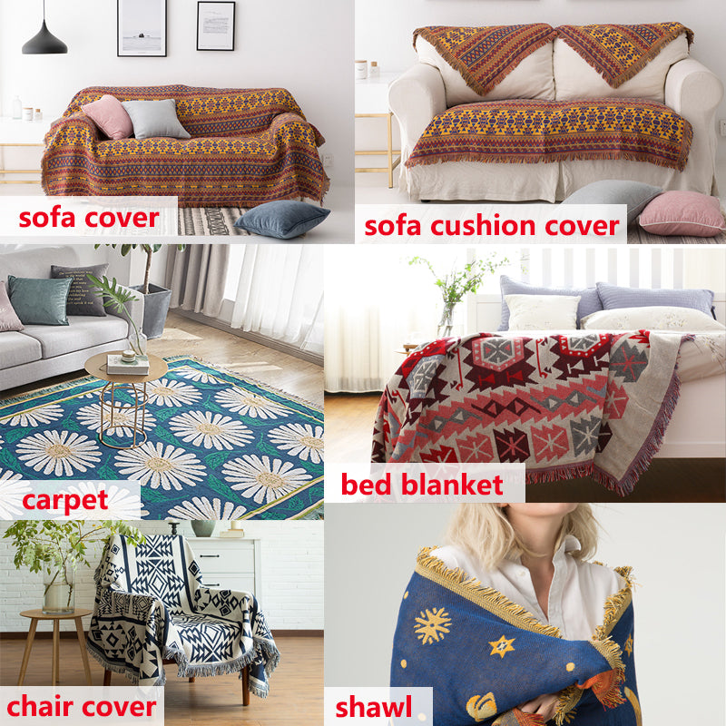 "Colorful bohemian tassel knitted sofa throw, featuring bright patterns and ethnic tassel details for vibrant home decor."