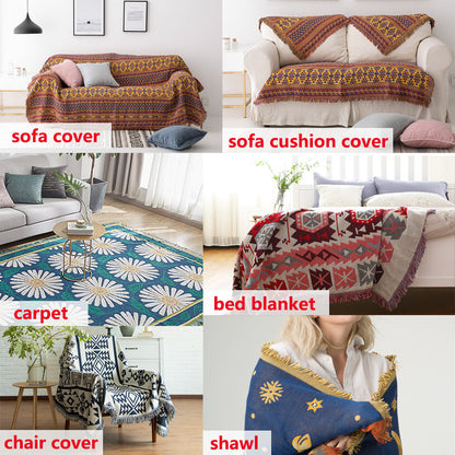"Colorful bohemian tassel knitted sofa throw, featuring bright patterns and ethnic tassel details for vibrant home decor."