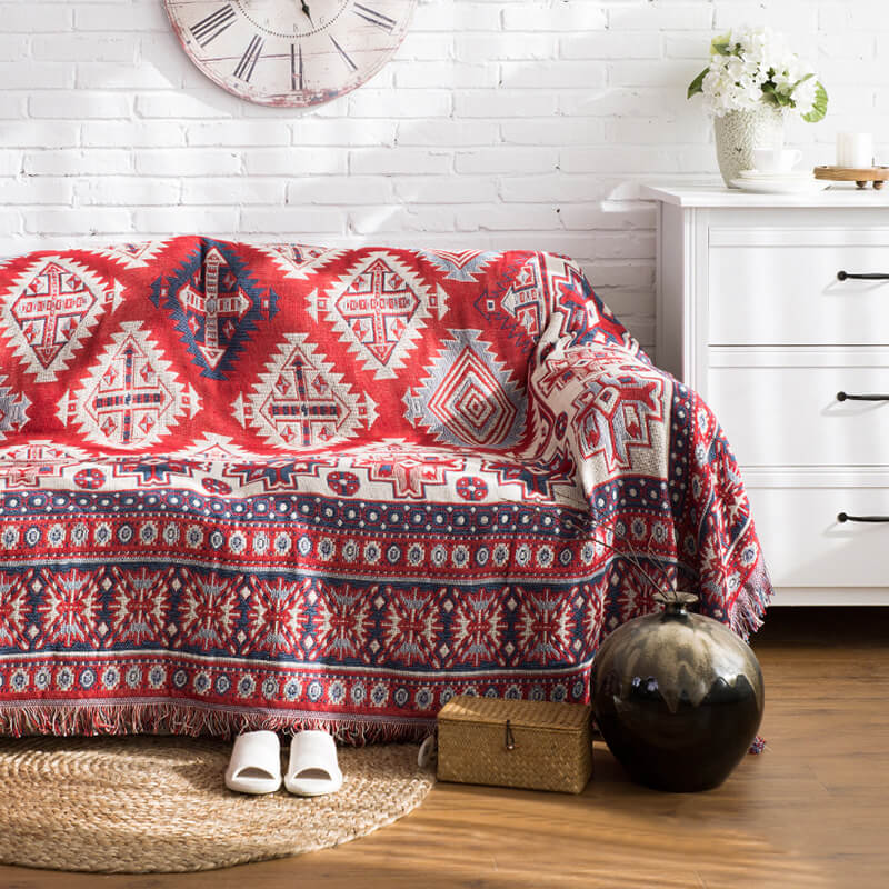 "Colorful bohemian tassel knitted sofa throw, featuring bright patterns and ethnic tassel details for vibrant home decor."