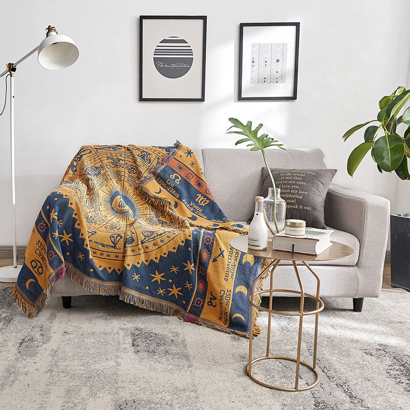 "Colorful bohemian tassel knitted sofa throw, featuring bright patterns and ethnic tassel details for vibrant home decor."