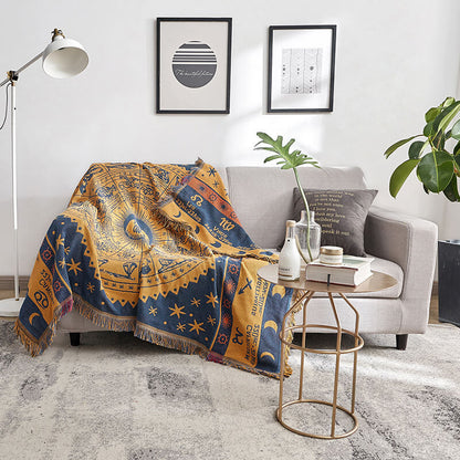 "Colorful bohemian tassel knitted sofa throw, featuring bright patterns and ethnic tassel details for vibrant home decor."