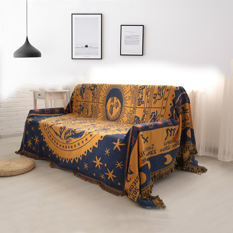 "Colorful bohemian tassel knitted sofa throw, featuring bright patterns and ethnic tassel details for vibrant home decor."