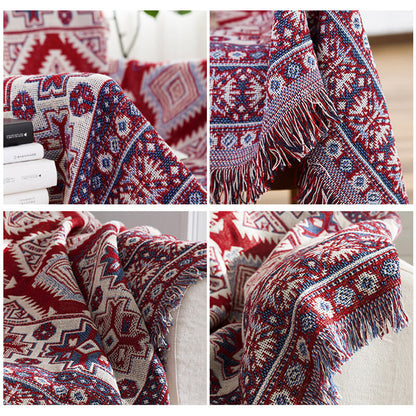 "Colorful bohemian tassel knitted sofa throw, featuring bright patterns and ethnic tassel details for vibrant home decor."