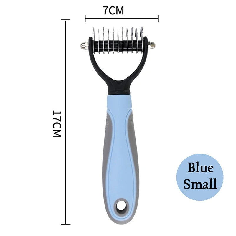 "Colorful deshedding brush for dogs and cats, ergonomic handle, stainless-steel edges, reduces shedding efficiently."