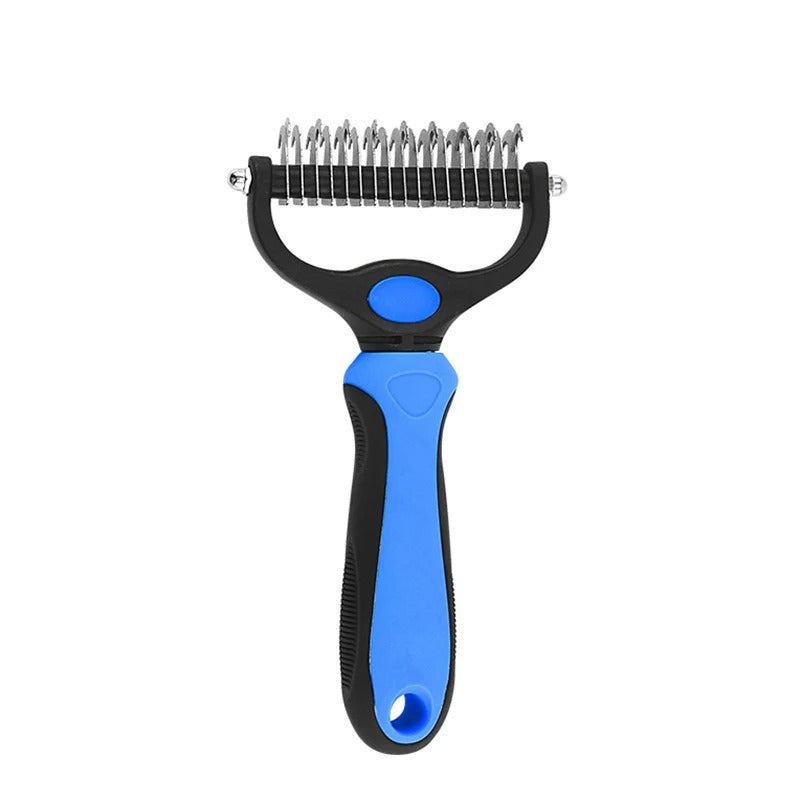"Colorful deshedding brush for dogs and cats, ergonomic handle, stainless-steel edges, reduces shedding efficiently."