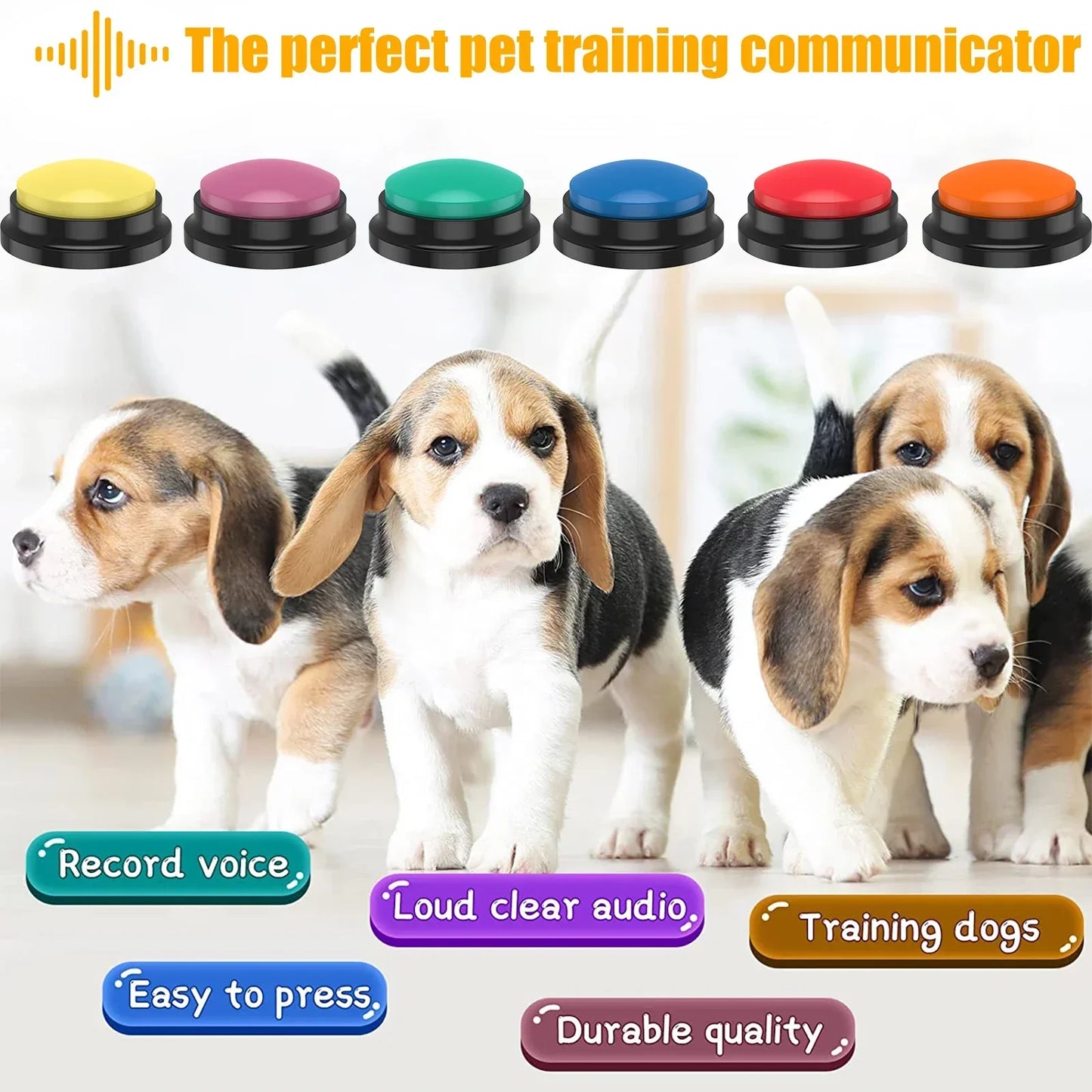 "Colorful dog training voice recording buttons for communication, shown in a set with vibrant colors, enhancing pet interacti
