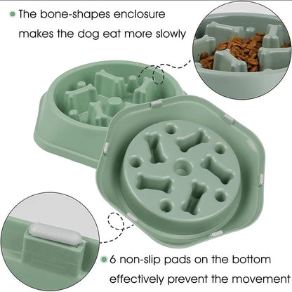 "Colorful slow eating feeding bowl for dogs with bone-shaped obstacles, promoting healthy digestion and reducing choking risk