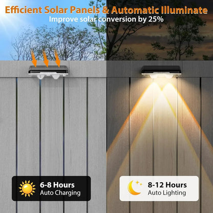 Colorful solar fence lights, 7-Color LED, sleek design, bright outdoor wall lights for gardens, patios, IP65 waterproof.