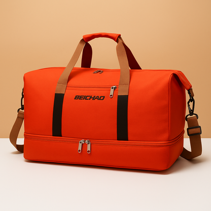 Women’s water-resistant commuter duffle bag with separate shoe compartment, zippered pockets, and ergonomic design for short trips.