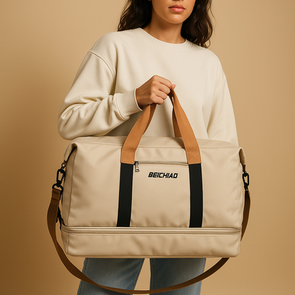 Women’s water-resistant commuter duffle bag with separate shoe compartment, zippered pockets, and ergonomic design for short trips.