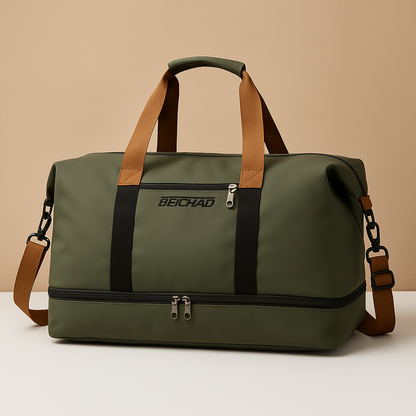 Women’s water-resistant commuter duffle bag with separate shoe compartment, zippered pockets, and ergonomic design for short trips.