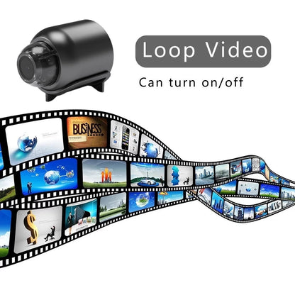 "Compact 1080P wireless security camera with night vision and motion detection; perfect for discreet home or office surveilla