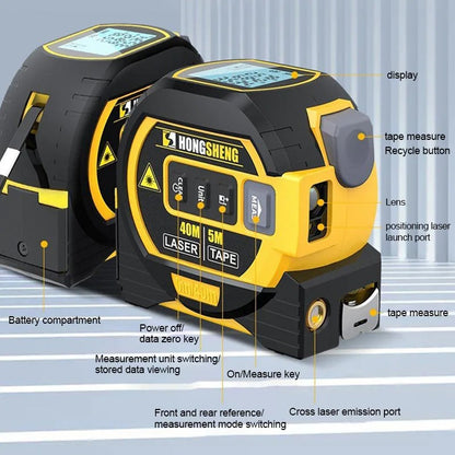 "Compact 3-in-1 laser tape measure with 60m rangefinder, steel tape, cross marker, ABS+TPR shell, LCD display for DIY tasks."