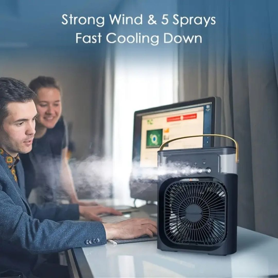 "Compact 3-in-1 portable air cooler humidifier, sleek design, adjustable fan speeds, ideal for small spaces, home or office u