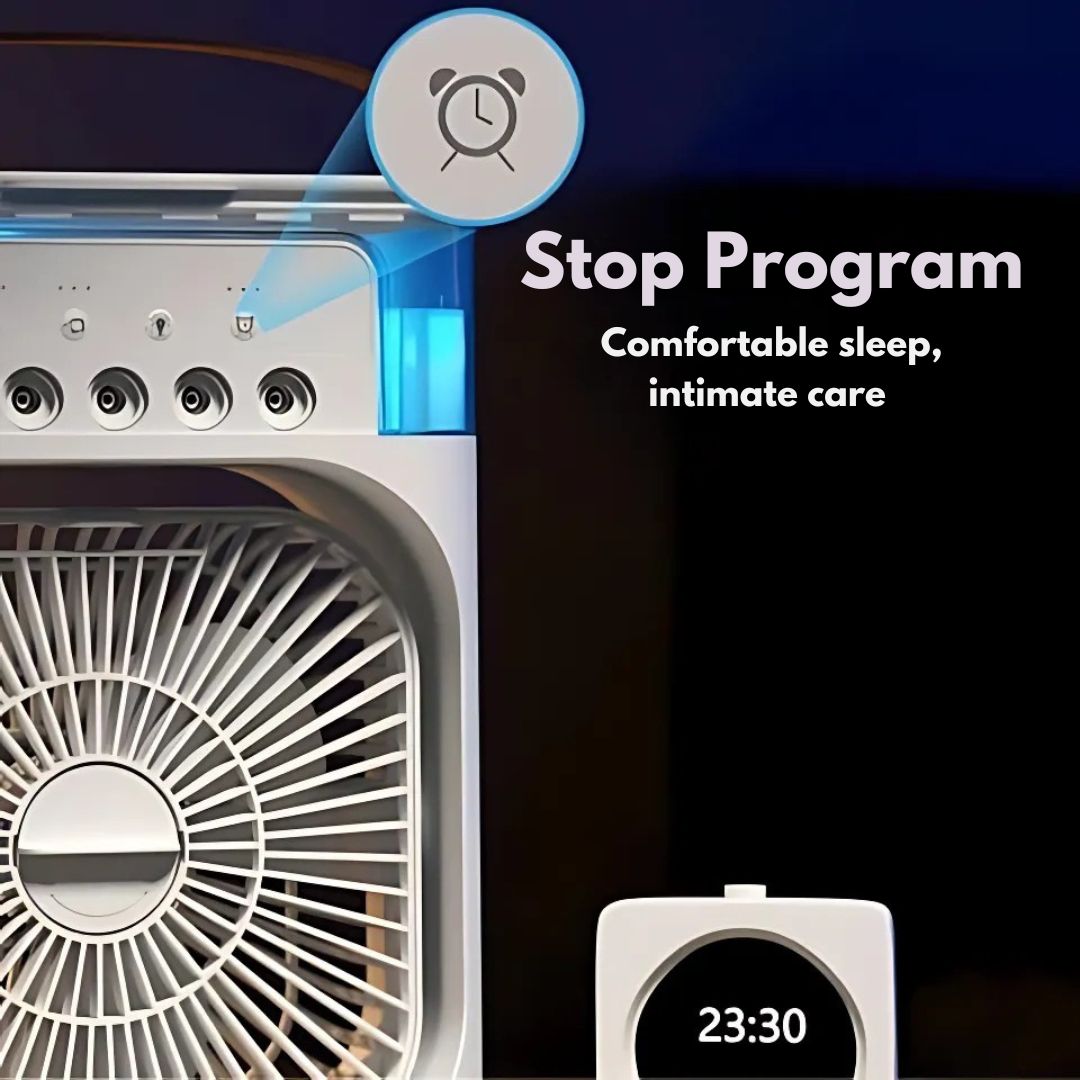 "Compact 3-in-1 portable air cooler humidifier, sleek design, adjustable fan speeds, ideal for small spaces, home or office u