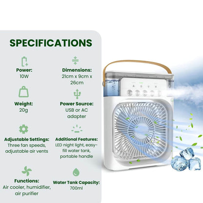 "Compact 3-in-1 portable air cooler humidifier, sleek design, adjustable fan speeds, ideal for small spaces, home or office u
