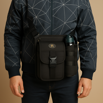 Men’s compact crossbody travel bag with water bottle holder, anti-theft pocket, and adjustable strap for secure and hands-free exploring.