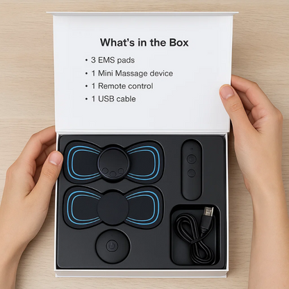 Compact device offering sciatica relief and cognitive therapy, featuring ergonomic design and integrated EMS massage patches.