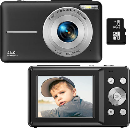 "Compact digital camera for teens, 44MP, 1080P, 16X zoom, 2.4-inch LCD, portable design"